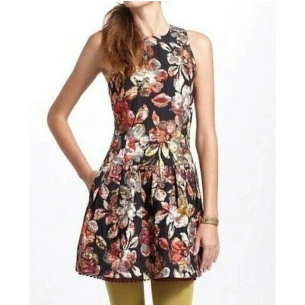 Anthropologie LEIFSDOTTIR Metallic Shimmer Floral Print Dress Sz 8 Pockets Party